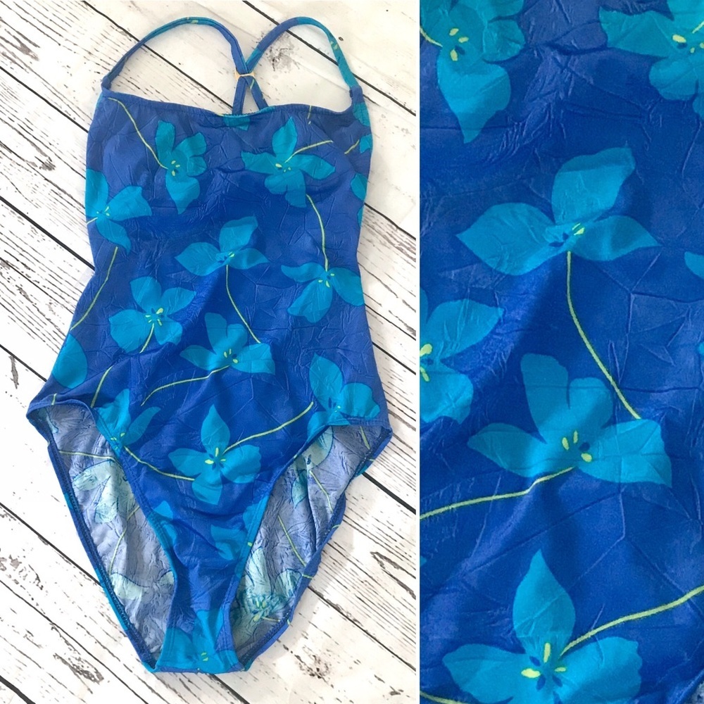 Vintage 1990’s blue tropical flower swimsuit bathing suit